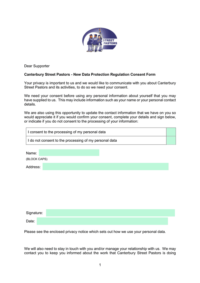 Canterbury Street Pastors   New Data Protection Regulation Consent Form screenshot