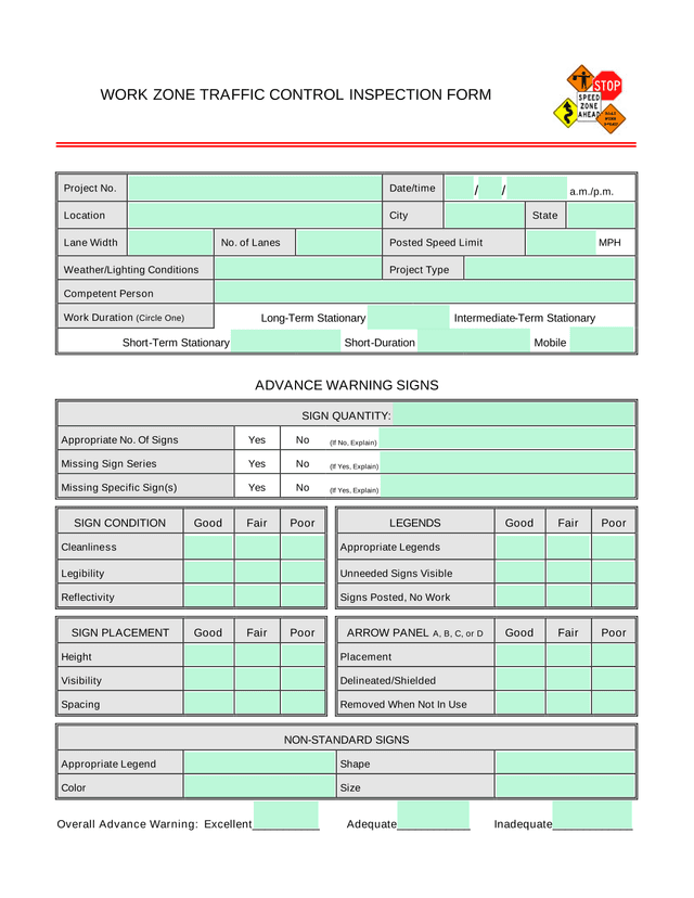 Work Zone Traffic Control Inspection Form screenshot