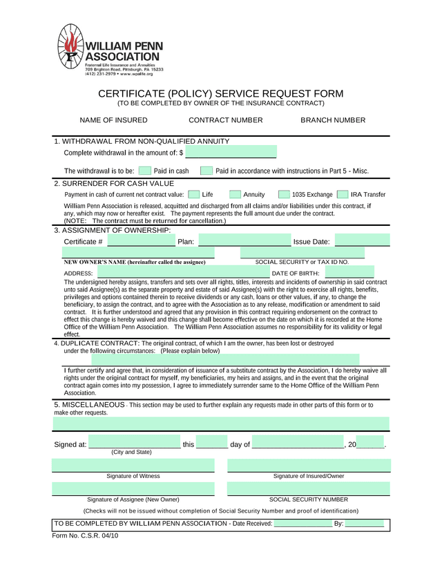 Certificate (Policy) Service Request Form screenshot