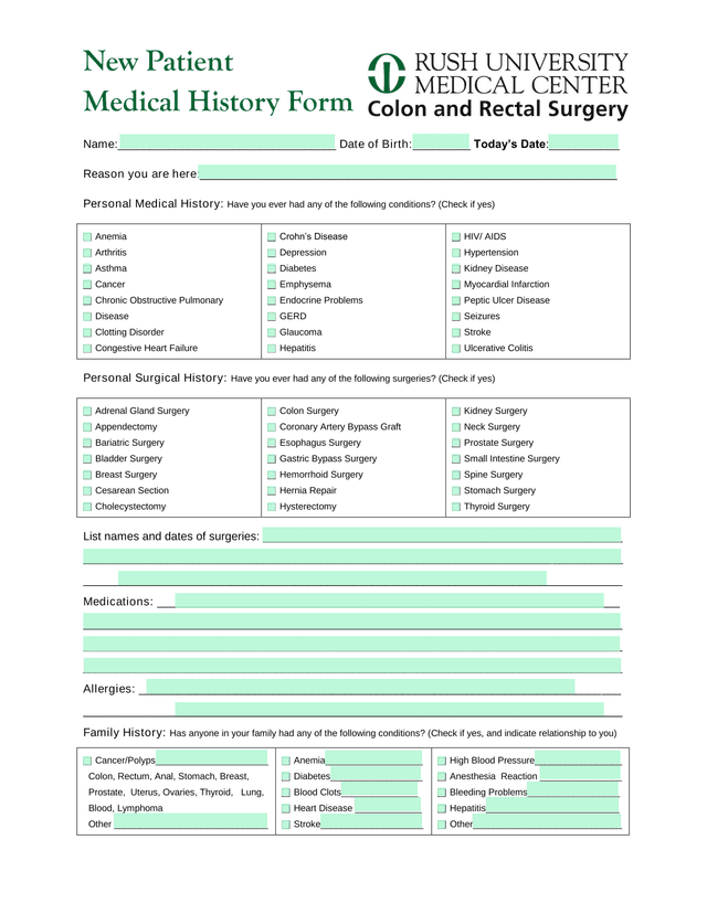 New Patient Medical History Form screenshot