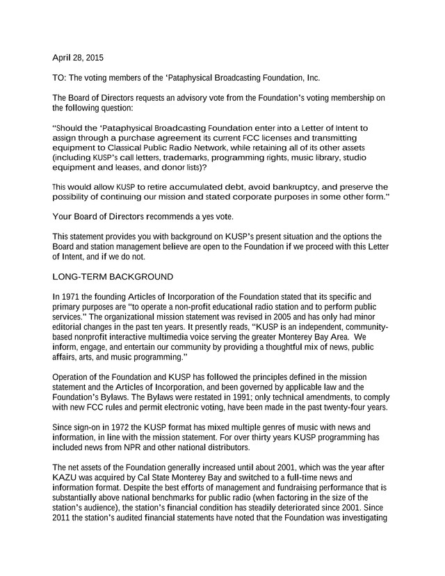KUSP Broadcasting Foundation Letter Of Intent Vote screenshot