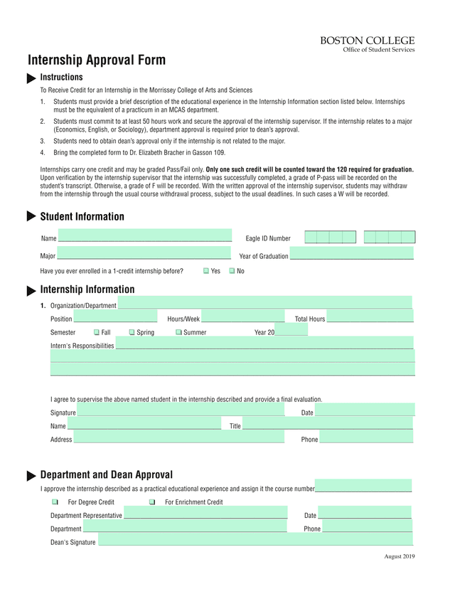 Boston College Internship Approval Form screenshot