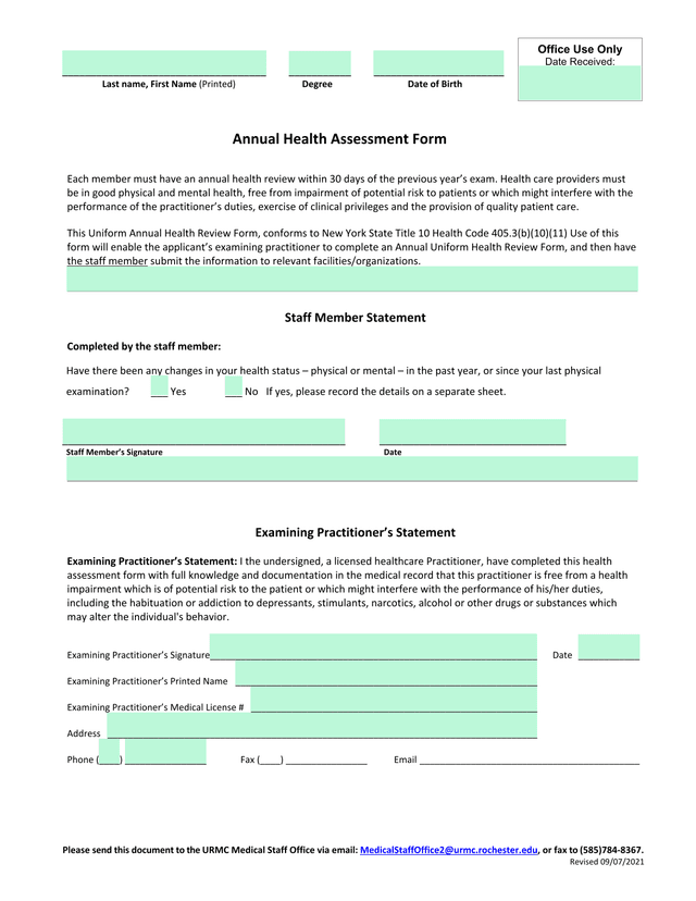 Annual Health Assessment Form screenshot