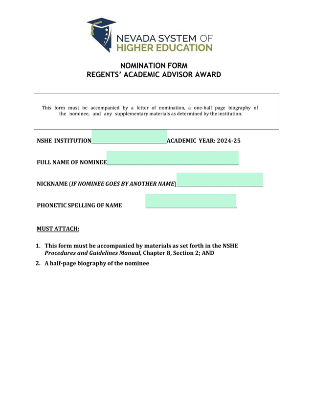 NOMINATION FORM REGENTS ACADEMIC ADVISOR AWARD screenshot