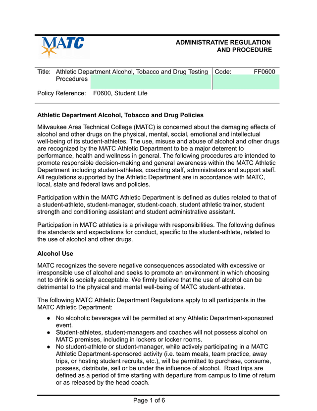 Athletic Department Alcohol, Tobacco And Drug Testing Procedures screenshot
