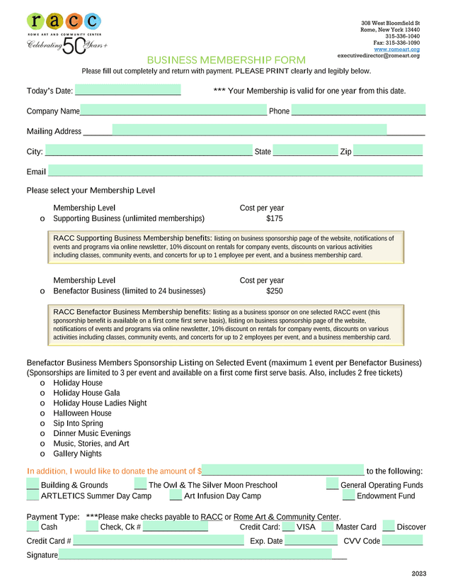 Business Membership Form screenshot