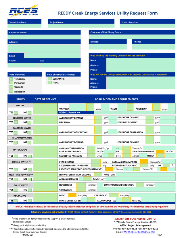 Reedy Creek Energy Services Utility Request Form screenshot