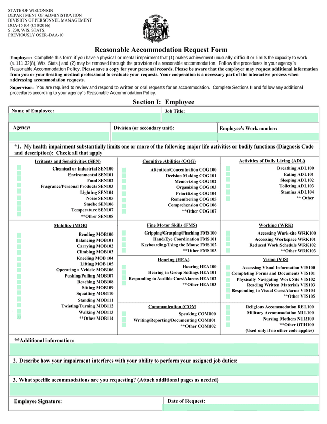 Reasonable Accommodation Request Form screenshot