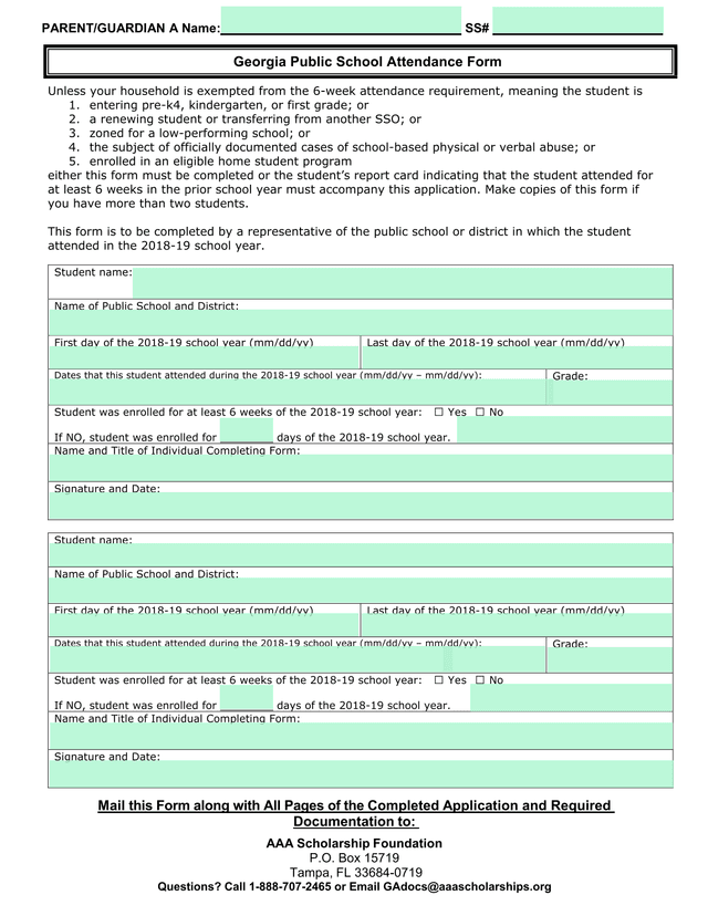 Georgia Public School Attendance Form screenshot
