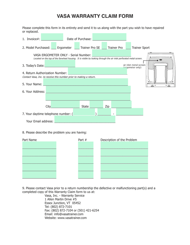 VASA WARRANTY CLAIM FORM screenshot