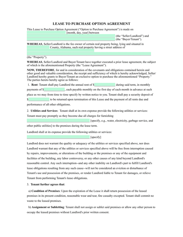 Lease To Purchase Option Agreement screenshot