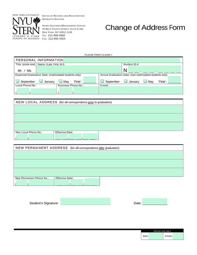Change Of Address Form screenshot