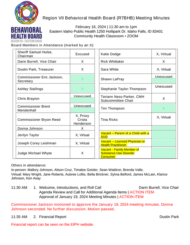 Region VII Behavioral Health Board (R7BHB) Meeting Minutes screenshot