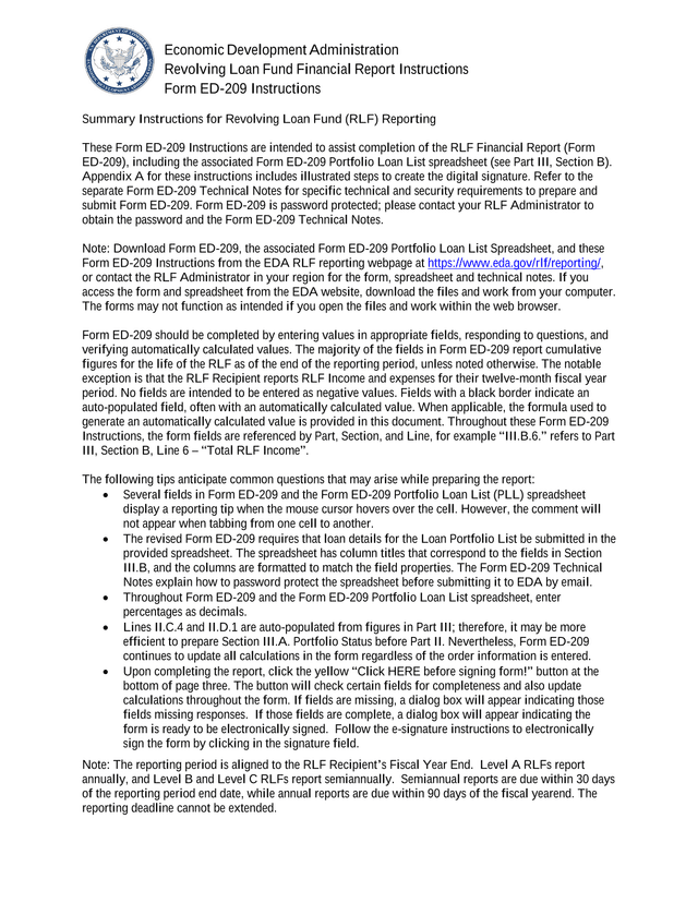 Economic Development Administration Revolving Loan Fund Financial Report Instructions Form ED 209 In screenshot