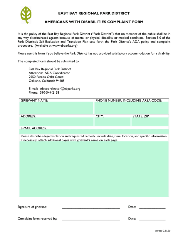 Americans With Disabilities Complaint Form screenshot