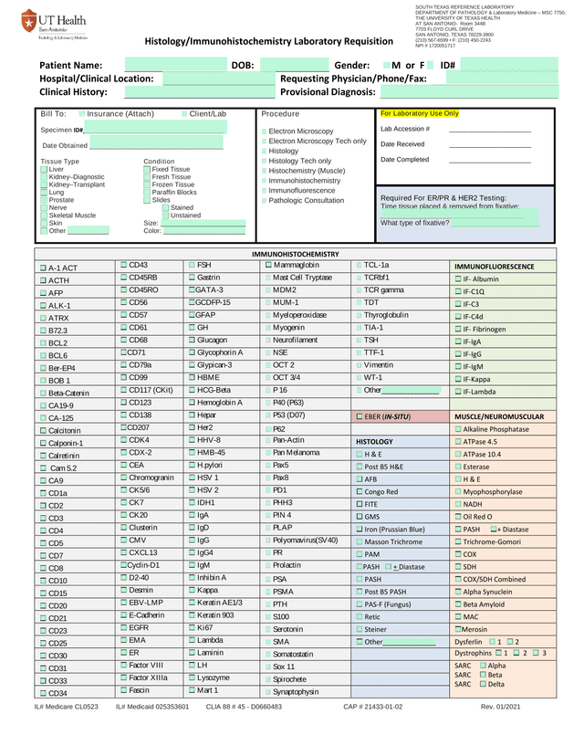 HistologyImmunohistochemistry Laboratory Requisition screenshot
