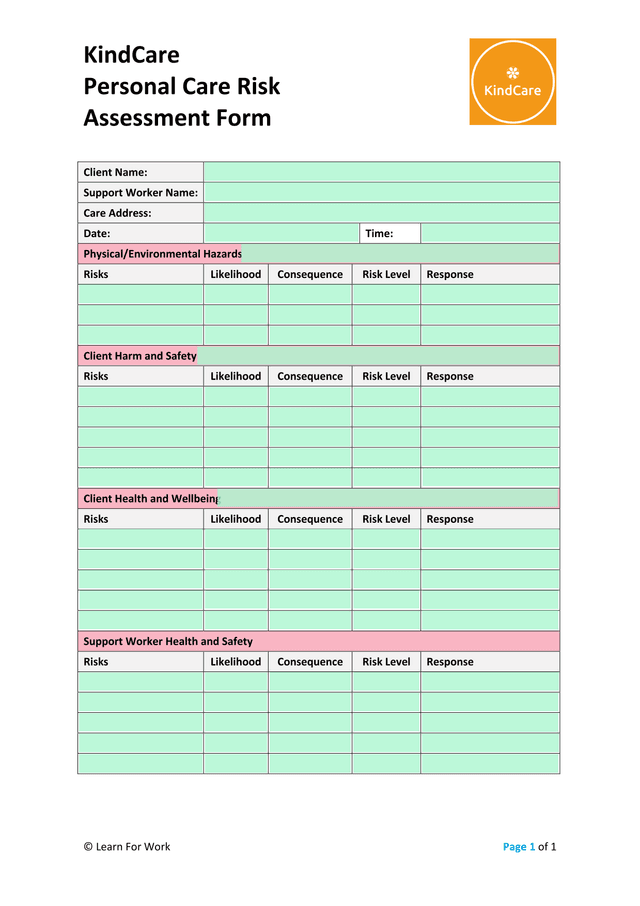 Personal Care Risk Assessment Form screenshot