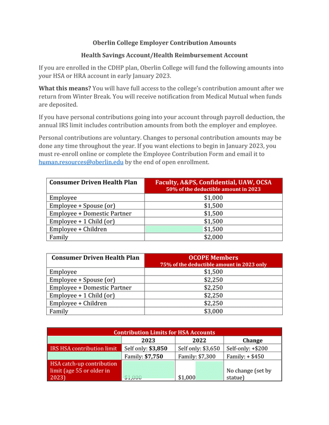 Oberlin College Employer Contribution Amounts Health Savings AccountHealth Reimbursement Account screenshot