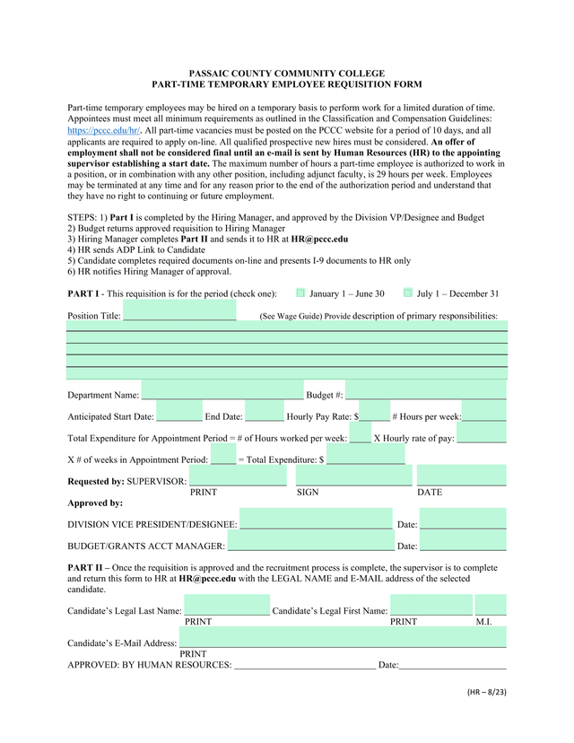 Part Time Temporary Employee Requisition Form screenshot