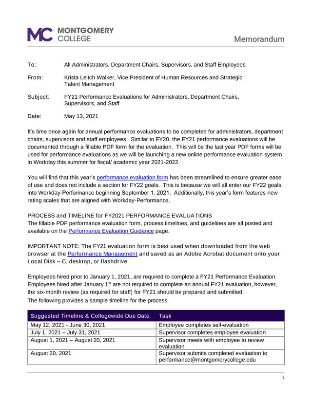 FY21 Performance Evaluations For Administrators, Department Chairs, Supervisors, And Staff screenshot