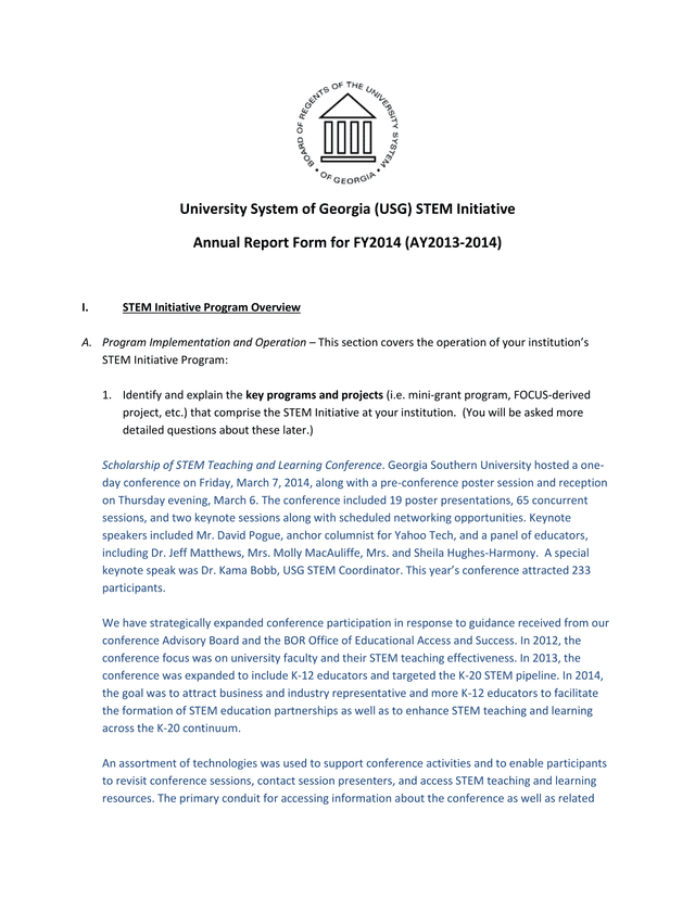 University System Of Georgia (USG) STEM Initiative Annual Report Form For FY2014 (AY2013 2014) screenshot