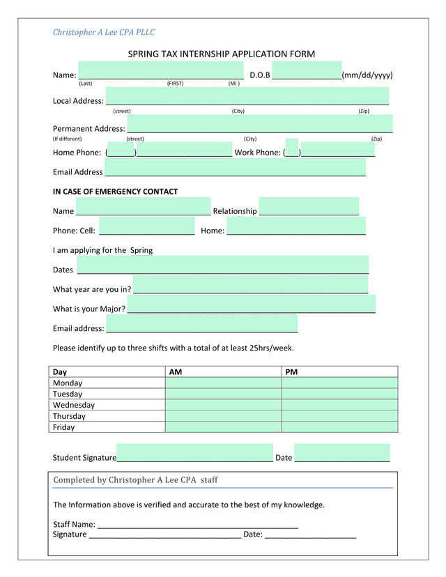 Spring Tax Internship Application Form screenshot