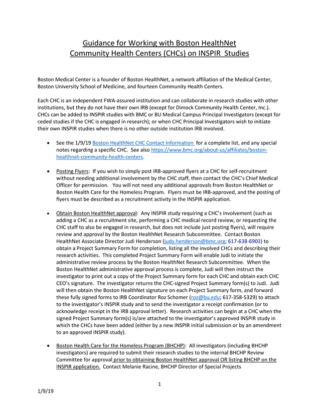 Guidance For Working With Boston HealthNet Community Health Centers (CHCs) On INSPIR Studies screenshot