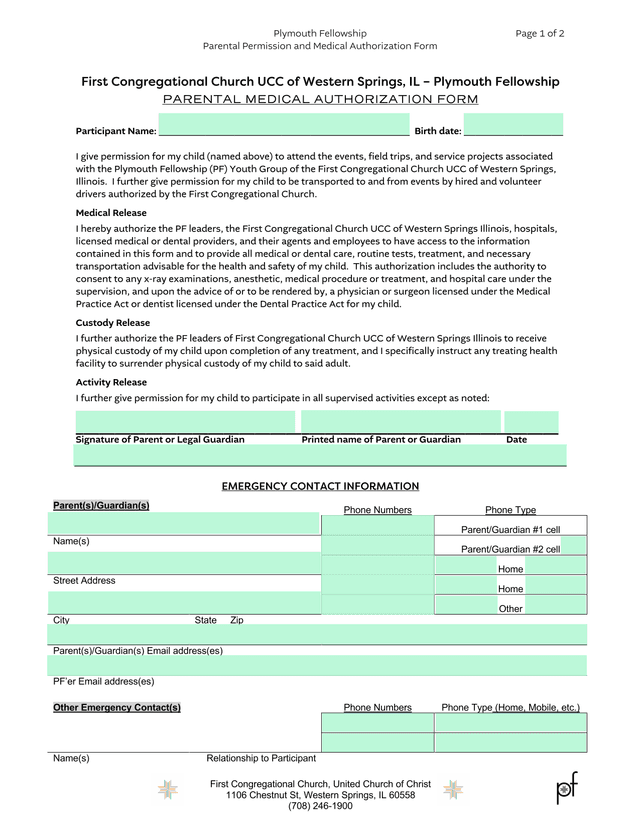 Parental Permission And Medical Authorization Form screenshot