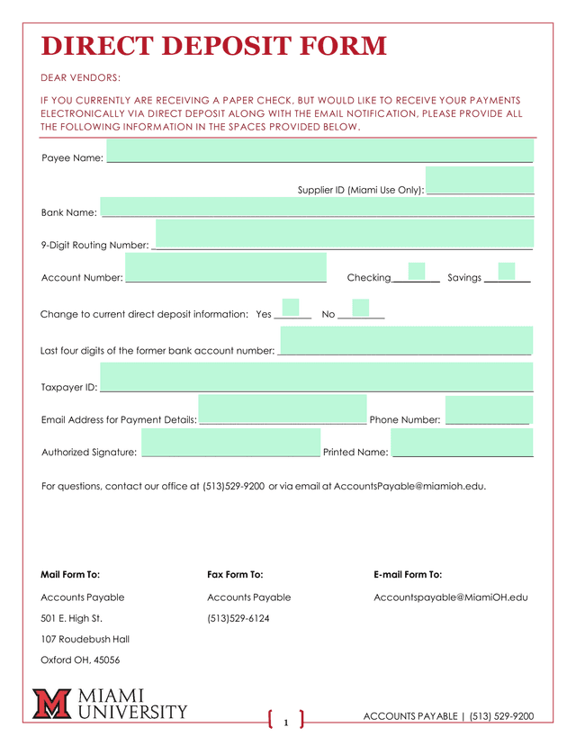 Direct Deposit Form screenshot