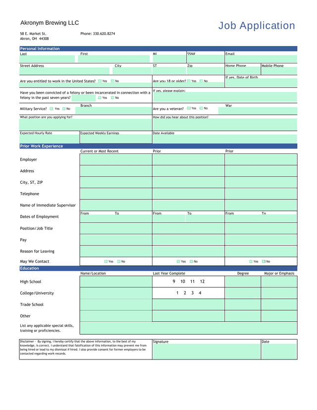 Akronym Brewing LLC Job Application screenshot