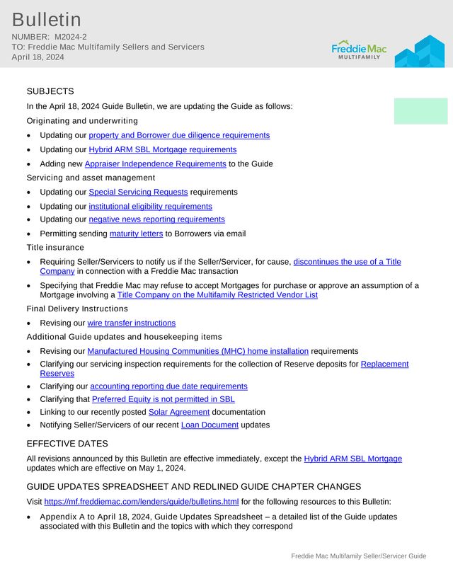 Freddie Mac Multifamily SellerServicer Guide Bulletin screenshot