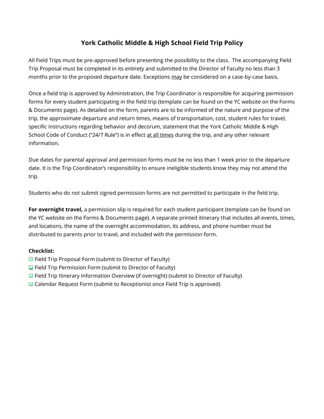 York Catholic Middle  High School Field Trip Policy screenshot
