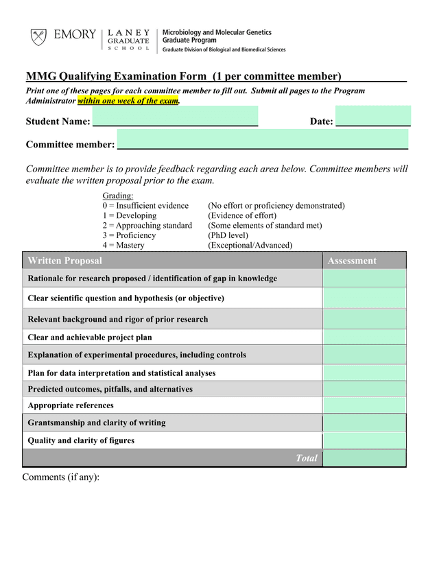 MMG Qualifying Examination Form screenshot