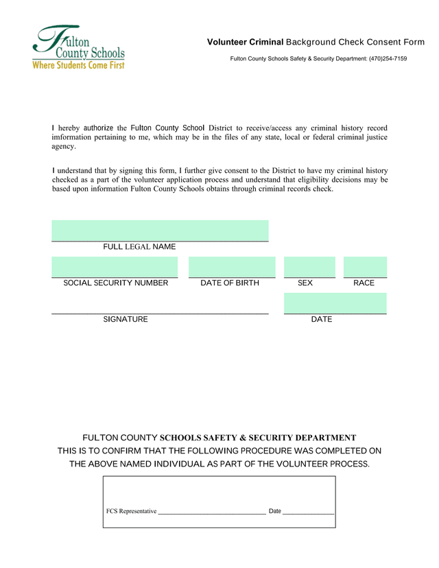 Volunteer Criminal Background Check Consent Form screenshot
