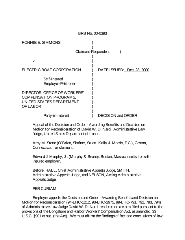 DECISION And ORDER   Ronnie E. Simmons V. Electric Boat Corporation screenshot