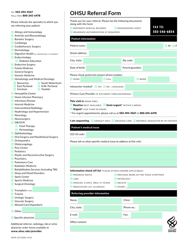 OHSU Referral Form screenshot