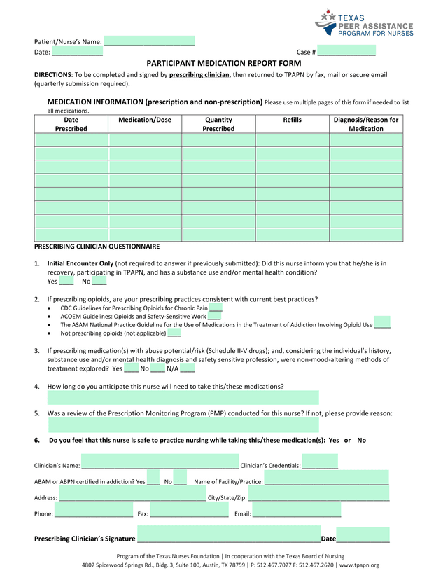Participant Medication Report Form screenshot