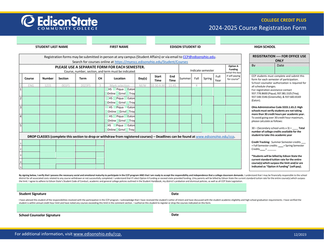 College Credit Plus Course Registration Form 2024 2025 screenshot