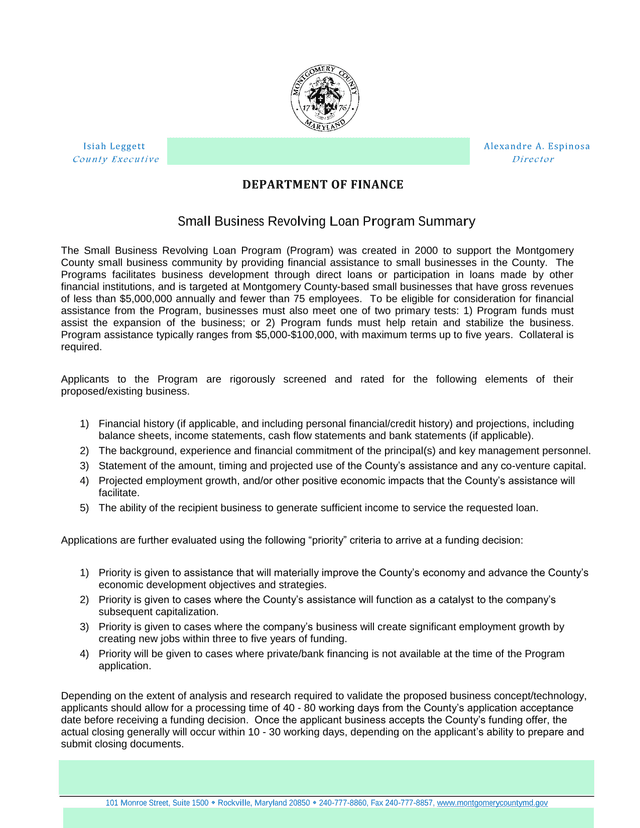 Small Business Revolving Loan Program Summary screenshot