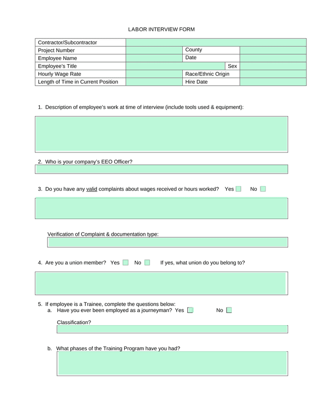Labor Interview Form screenshot