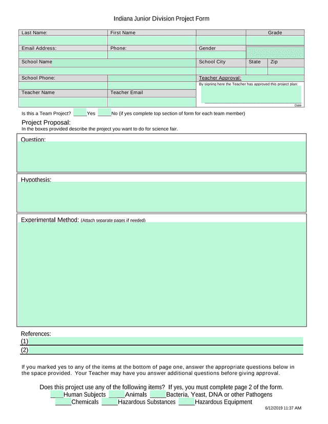 Indiana Junior Division Project Form screenshot
