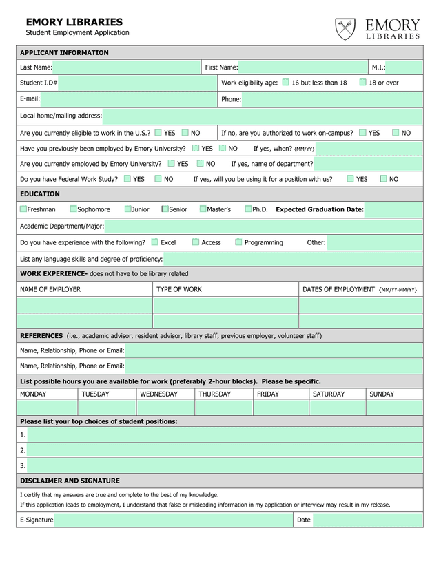 Student Employment Application screenshot