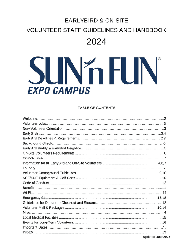 EARLYBIRD  ON SITE VOLUNTEER STAFF GUIDELINES AND HANDBOOK 2024 screenshot