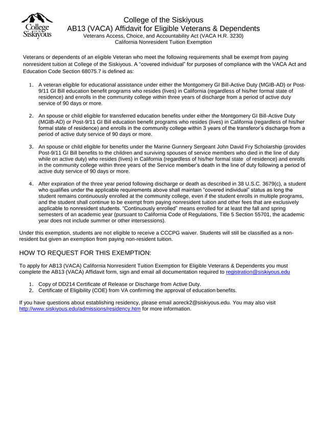 AB13 (VACA) Affidavit For Eligible Veterans  Dependents screenshot
