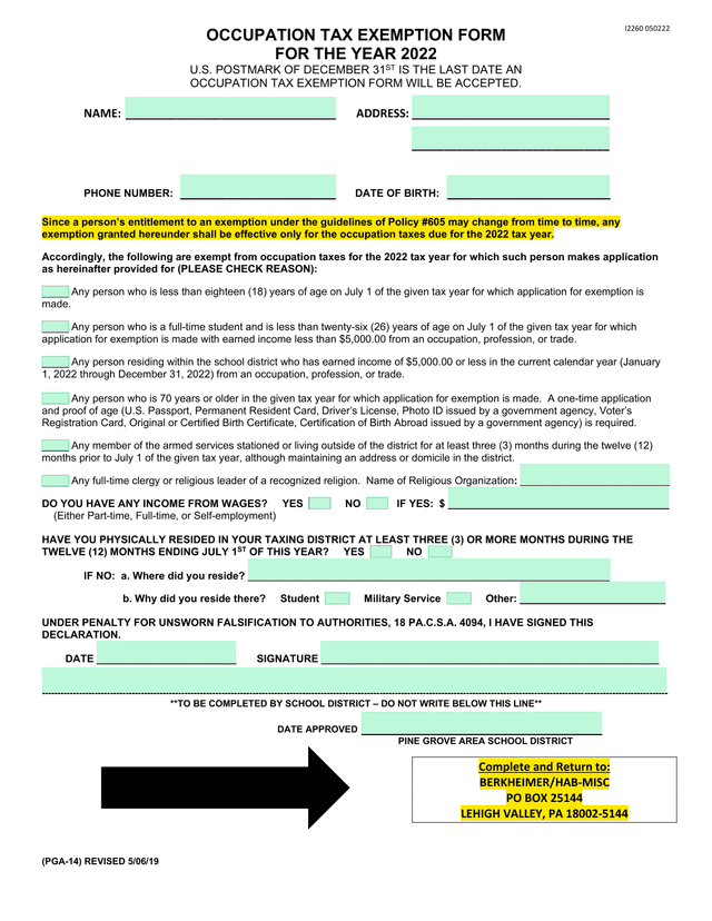 OCCUPATION TAX EXEMPTION FORM screenshot