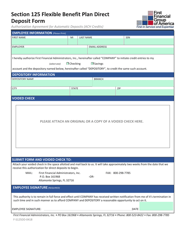 Section 125 Flexible Benefit Plan Direct Deposit Form screenshot