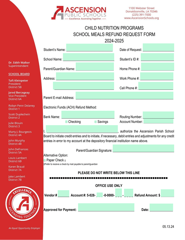 CHILD NUTRITION PROGRAMS SCHOOL MEALS REFUND REQUEST FORM screenshot