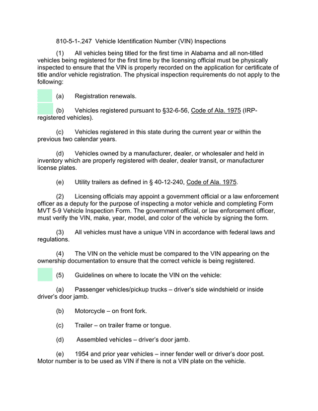 810 5 1 .247 Vehicle Identification Number (VIN) Inspections screenshot