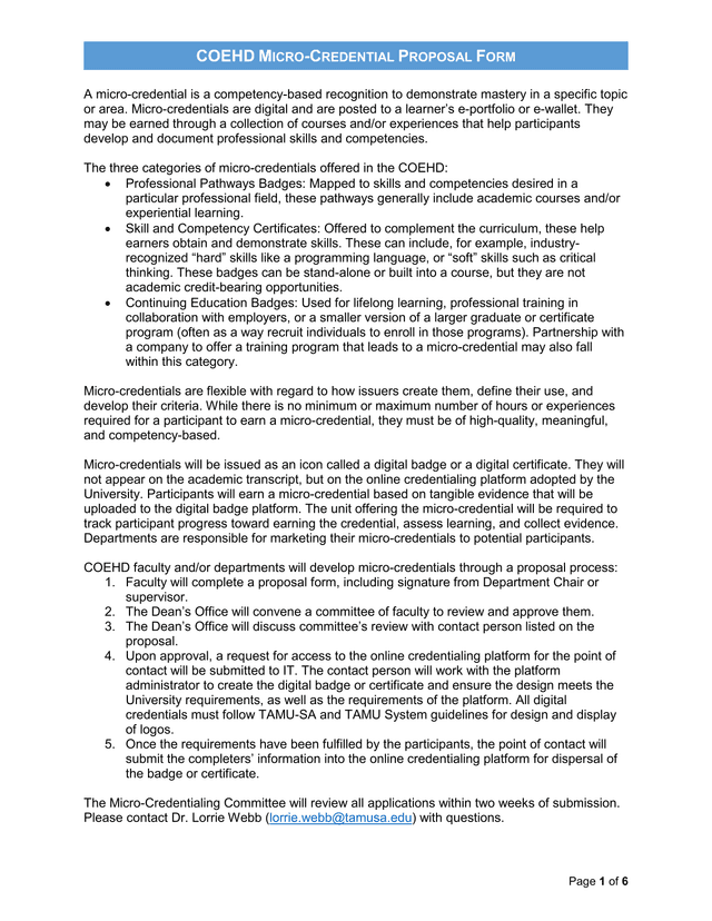 COEHD Micro Credential Proposal Form screenshot