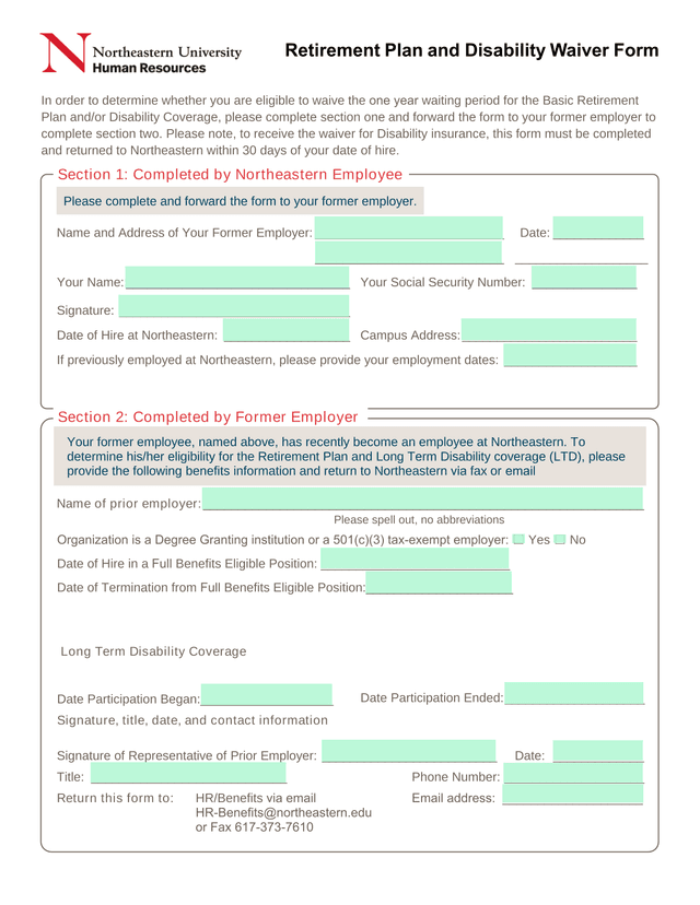 Retirement Plan And Disability Waiver Form screenshot